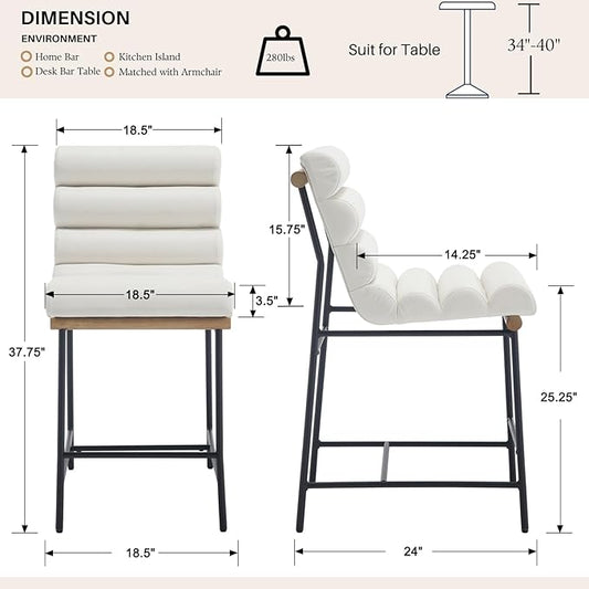 Modern Upholstered Pu Leather Bar stools Set of 2, 25” Kitchen Island Counter stools with Black Metal Legs Armless Counter Height Chairs with Channel Tufted Back for Home Pub