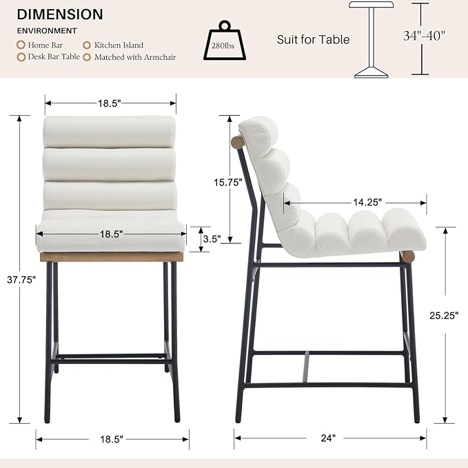 White Pu Leather Bar stools Set of 6, 25” Modern Upholstered Counter stools with Black Metal Legs, Armless Counter Height Chairs with Channel Tufted Back for Kitchen Island Home Pub