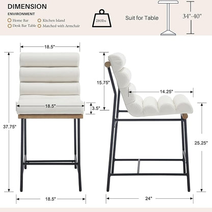 White Pu Leather Bar stools Set of 6, 25” Modern Upholstered Counter stools with Black Metal Legs, Armless Counter Height Chairs with Channel Tufted Back for Kitchen Island Home Pub
