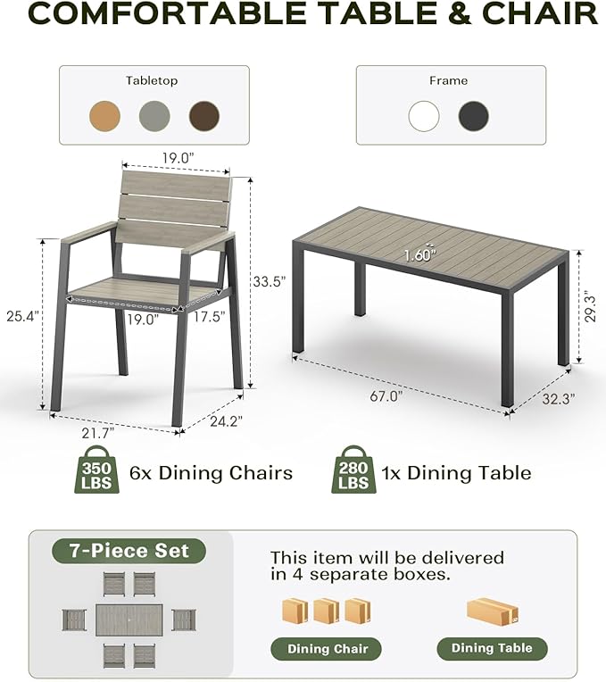 Vexwalx 7-Piece Outdoor Dining Set, Aluminum Dining Table Set for 6, Patio Table and Chairs Set with Umbrella Hole, All Weather HDPS Outdoor Table and Chairs for 6 (Gray)