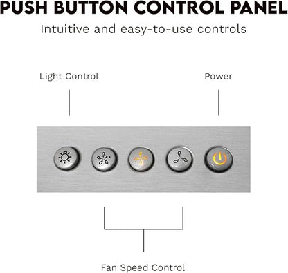 COSMO COS-63175 30 in. Vista Collection 380 CFM Ducted Wall Mount Range Hood, Button Controls, LED Lights, Stainless Steel