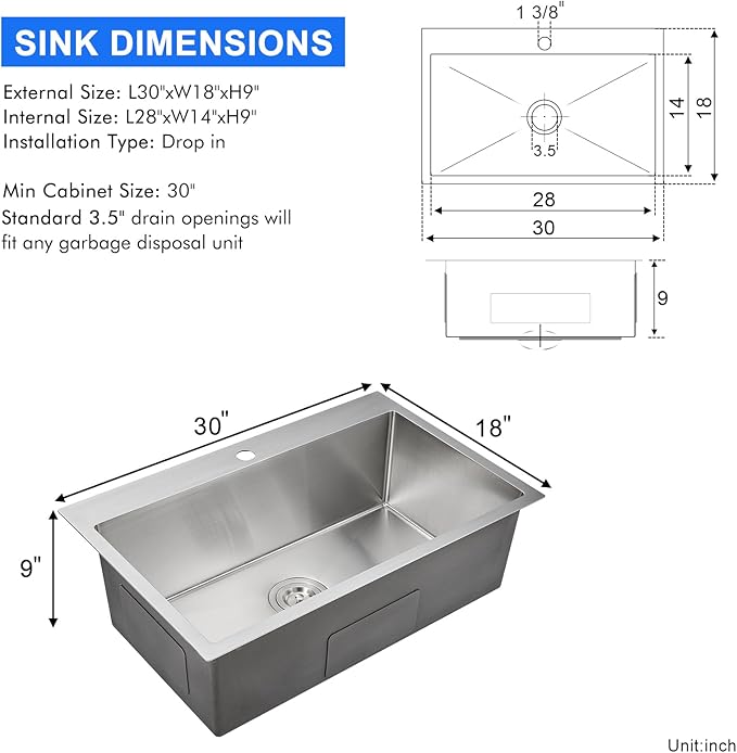 MENATT 30 inch Drop in Kitchen Sink, 304 Stainless Steel Single Bowl Topmount Kitchen Sink with 1 Hole, 9 inch Deep Single Bowl Sink, D30""xW18""xH9"", Brushed, OKL3018U-24