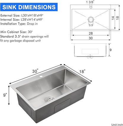 MENATT 30 inch Drop in Kitchen Sink, 304 Stainless Steel Single Bowl Topmount Kitchen Sink with 1 Hole, 9 inch Deep Single Bowl Sink, D30""xW18""xH9"", Brushed, OKL3018U-24