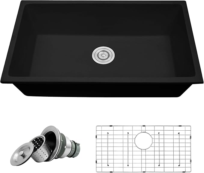 Rhbamoa 31 Inch Black Kitchen Sink,Matte Black Granite Composite Undermount Kitchen Sink,9 Inch Depth Single Bowl Quartz Sinks with Accessories
