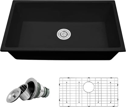 Rhbamoa 31 Inch Black Kitchen Sink,Matte Black Granite Composite Undermount Kitchen Sink,9 Inch Depth Single Bowl Quartz Sinks with Accessories