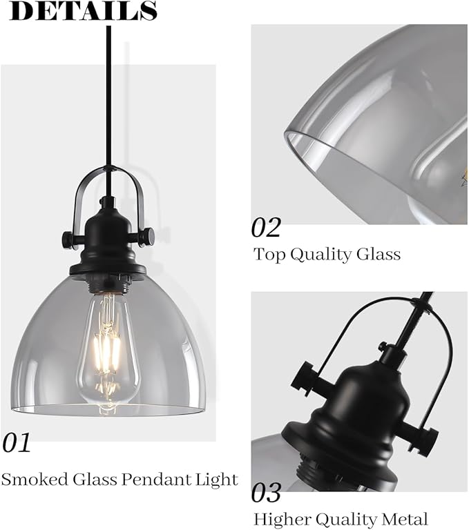 Smoke Gray Glass Pendant Lights Kitchen Island, 7.5 inch Island Pendant Lights for Kitchen, Modern Clear Kitchen Pendant Light 2-Pack, Farmhouse Pendant Lights for Kitchen, Bedroom, Bathroom