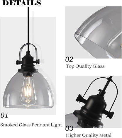 Smoke Gray Glass Pendant Lights Kitchen Island, 7.5 “Industrial Glass Pendant Lights 1-Pack, Modern Clear Kitchen Island Lighting, Light Pendants for Kitchen Island, Living Room, Bathroom