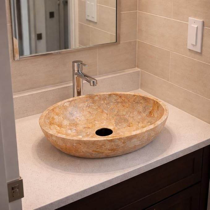 Oval-Shaped Golden Marble Stone Vessel Sink - 20x15x6 in
