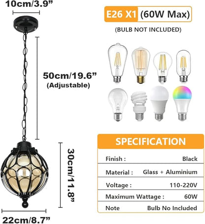 Outdoor Pendant Light Fixtures For Porch, Waterproof Exterior Lantern Glass Vintage Hanging Ceiling Light Retro Aluminum Outside Chandelier For Porch Patio Entryway Farmhouse (22cm/8.7",Black)