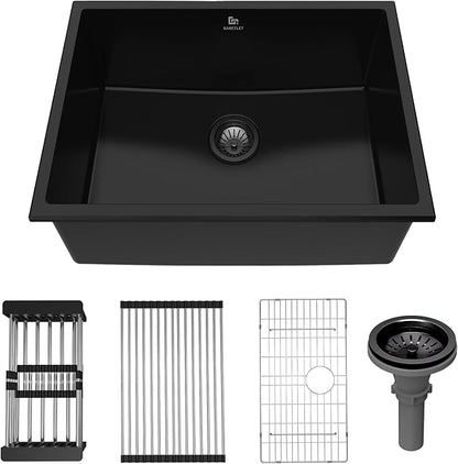 20-inch Granite Composite Kitchen Sink, GABETLET Undermount Quartz Kitchen Sinks with Spacious Workspace and Easy Cleaning, Black Single Bowl Deep Sink with Complete Accessories