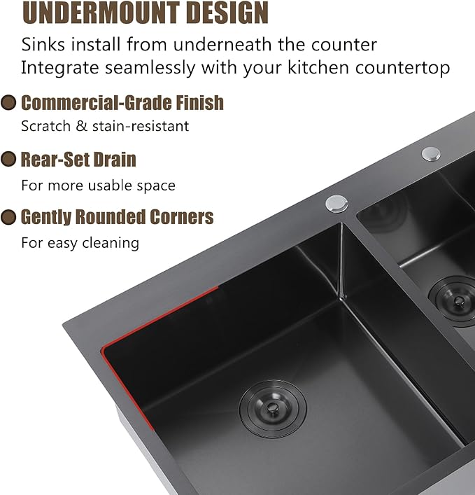 IKEBANA 33 Inch Black Double Kitchen Sink Drop In, 33x22 Inch 16 Gauge 304 Stainless Steel Topmount Kitchen sink, 60/40 Double Basin Workstation Sink With Accessories