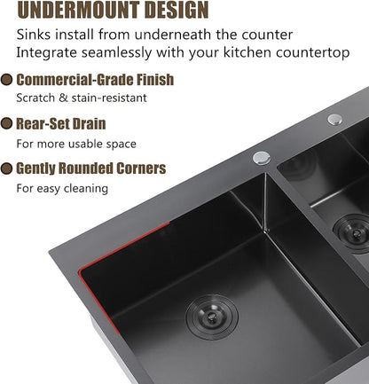 IKEBANA 33 Inch Black Double Kitchen Sink Drop In, 33x22 Inch 16 Gauge 304 Stainless Steel Topmount Kitchen sink, 60/40 Double Basin Workstation Sink With Accessories