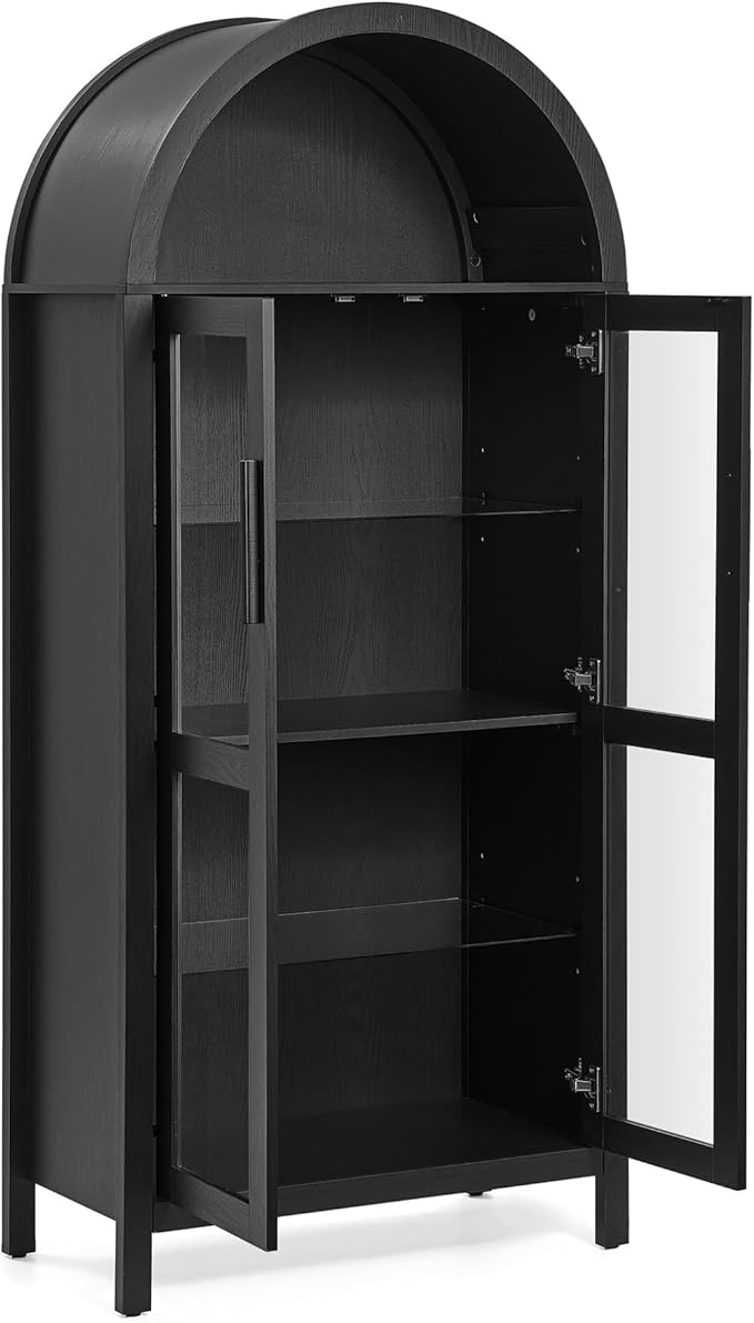 Ball & Cast 67" Tall Arched Kitchen Pantry Cabinet with Lamp, Modern Wooden Storage Cabinets with Glass Doors & Adjustable Shelves,Versatile Display Cabinet for Kitchen, Living Room,Dining Room,Black