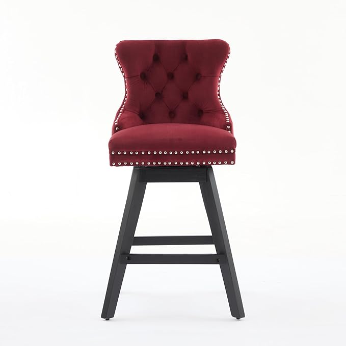 Swivel Velvet Bar Stools Set of 2 Wine Red | 360° Swivel Counter Chairs with Button Tufting, Padded Foam and Spring Seat, Curved Back Support, Solid Rubber Wood Legs for Kitchen Island