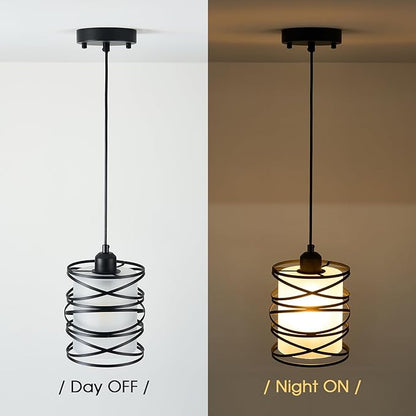 Frosted Glass Pendant Light Fixtures 6.3Inch Spiral Metal Cage Mini Pendant Lighting Handblown Island Hanging Light Adjustable Cord Ceiling Lamp for Kitchen Dining Room Foyer Hallway, E26