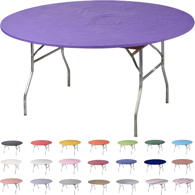 Kwik-Covers 10 Pack of Round Plastic Table Covers - 60" or 72" Round - Indoor or Outdoor Fitted Covers (Tables NOT Included) (Purple, 60" Round)