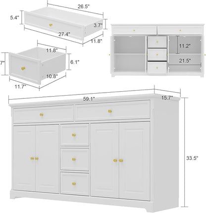 ECACAD Sideboard Buffet Cabinet with 4 Storage Compartments & 5 Drawers, Kitchen Console Table Storage Cabinet Coffee Bar for Living Room, Hallway, White