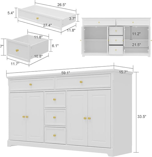 ECACAD Sideboard Buffet Cabinet with 4 Storage Compartments & 5 Drawers, Kitchen Console Table Storage Cabinet Coffee Bar for Living Room, Hallway, White