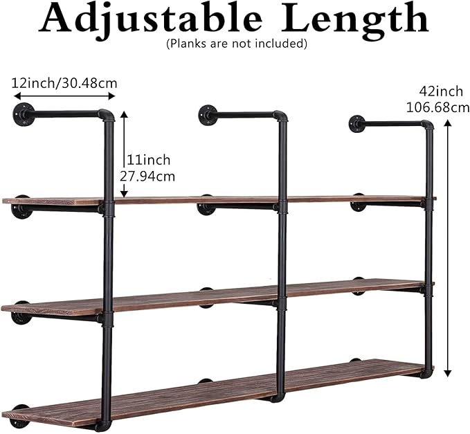 Pynsseu Industrial Iron Pipe Shelving Brackets Unit, Farmhouse Wall Mounted Pipe Shelves for Kitchen Bathroom, DIY Bookshelf Living Room Storage, 3Pack of 4 Tier