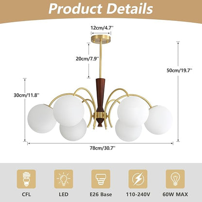 KCO Lighting 6 Light Gold Sputnik Light Fixture Vintage Brass Milk Glass Chandelier White Globe Pendant Lights Kitchen Island Modern Farmhouse Chandeliers for Dining Room