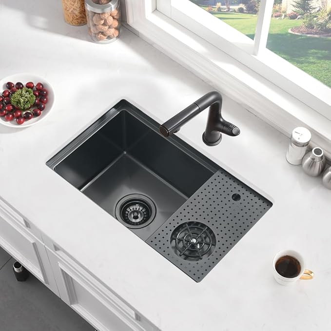 23 Inch Black Undermount Bar Sink with Glass Rinser-Bokaiya 23x14 Small Bar Sink Undermount Workstation Wet Bar Sinks 16 Gauge Black Stainless Steel Single Bowl Undermount Kitchen Sink