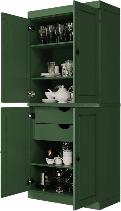 Palace Imports Solid Wood Kitchen Pantry Cabinet - 71.5" H x 32" W, Tall Storage Cupboard - Green, Adjustable Shelves & 2-Drawer Kit for Living Space, 100% Renewable Eco-Friendly Wood, Made in Brazil