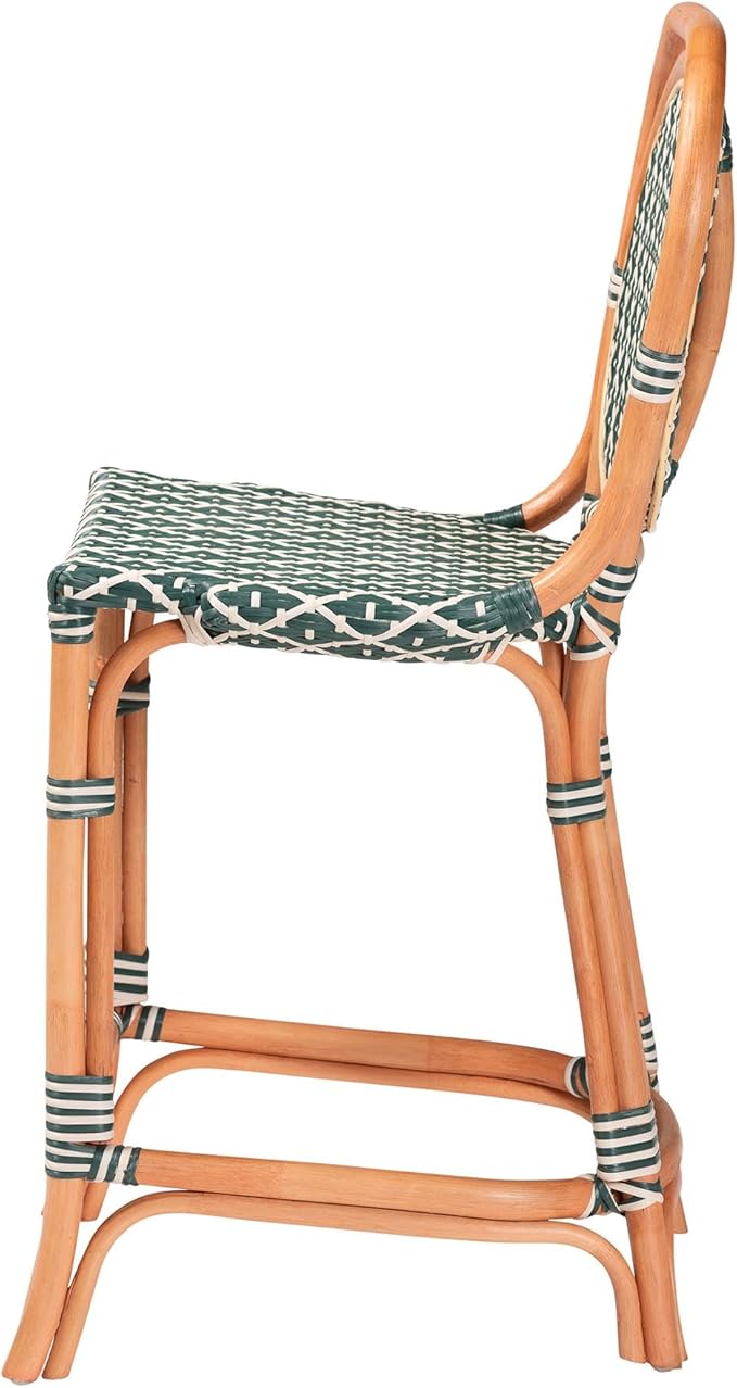 Bali & pari Mattie Rattan Bistro Counter Stool - Handwoven Accent Seating with Backrest for Kitchen Island or Indoor/Outdoor Lounge, Dark Teal Green & White