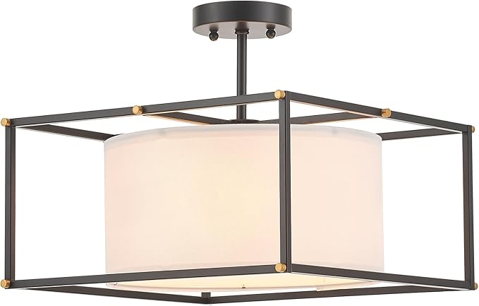 VILUXY Modern Semi Flush Mount Ceiling Light 16" Black and White Fabric Ceiling Chandelier Drum Farmhouse Round Ceiling Lamps Fixture Square Metal for Entryway Dining Room Bedroom