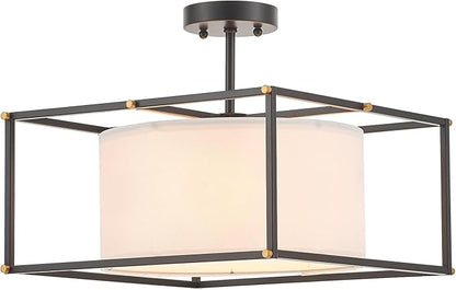 VILUXY Modern Semi Flush Mount Ceiling Light 16" Black and White Fabric Ceiling Chandelier Drum Farmhouse Round Ceiling Lamps Fixture Square Metal for Entryway Dining Room Bedroom