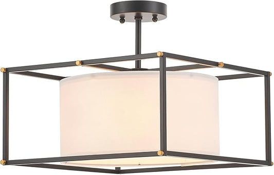 VILUXY Modern Semi Flush Mount Ceiling Light 16" Black and White Fabric Ceiling Chandelier Drum Farmhouse Round Ceiling Lamps Fixture Square Metal for Entryway Dining Room Bedroom