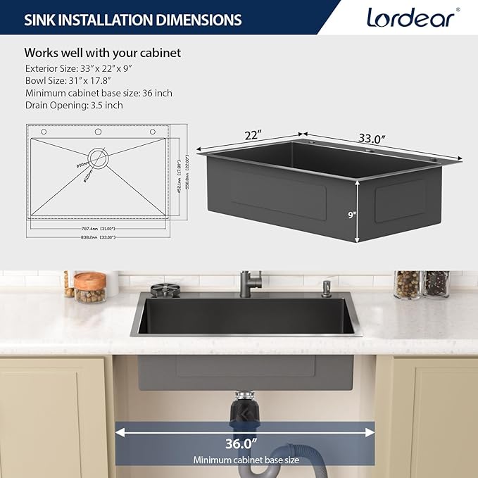 Lordear 33 Inch Drop In Black Kitchen Sink with Faucet Combo - 16 Gauge Stainless Steel 33x22 Single Bowl Black Drop In Kitchen Sink with All Accessories