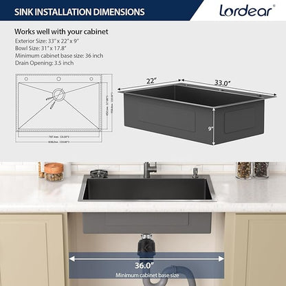 Lordear 33 Inch Drop In Black Kitchen Sink with Faucet Combo - 16 Gauge Stainless Steel 33x22 Single Bowl Black Drop In Kitchen Sink with All Accessories