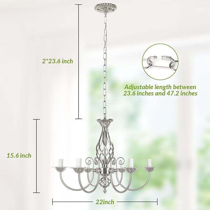 6-Light Farmhouse Candle Chandelier for Living Room, Rustic Industrial Pendant Ceiling Light fixture, Brushed Nickle Modern Ceiling Hanging Lamp for Bedroom Hallway Kitchen Dining Room Foyer, E12 Base