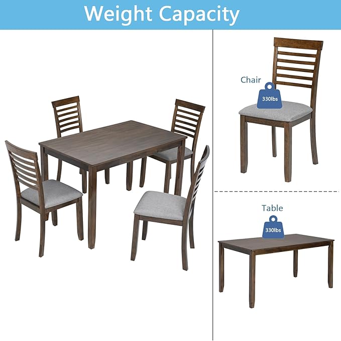 5-Piece Solid Wood Dining Table Set with 4 Upholstered Chairs, Rectangular Kitchen Table Set for 4, Modern Dining Room Table and Chairs Set of 4 for Kitchen and Dining, Walnut