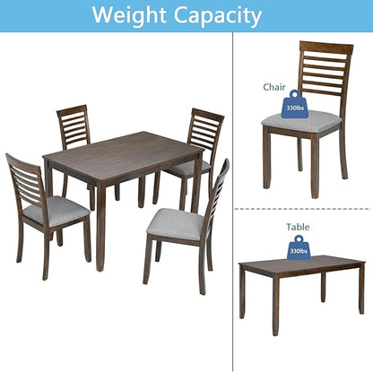 5-Piece Solid Wood Dining Table Set with 4 Upholstered Chairs, Rectangular Kitchen Table Set for 4, Modern Dining Room Table and Chairs Set of 4 for Kitchen and Dining, Walnut