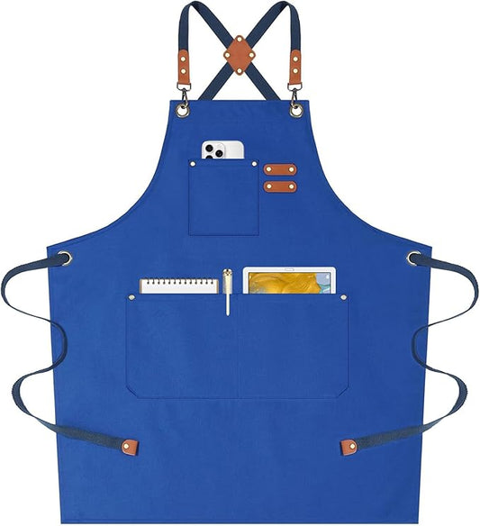 AFUN Chef Aprons for Women Men with Oversized Pockets, 12-Ounce Cotton Canvas Cross Back Water Repellent Apron (Royal Blue)