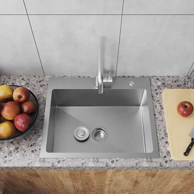 22" x 18" Drop in Kitchen Sink 304 Stainless Steel Single Bowl Topmount Kitchen Sink with Drain Kit and Bottom Grid, Brushed