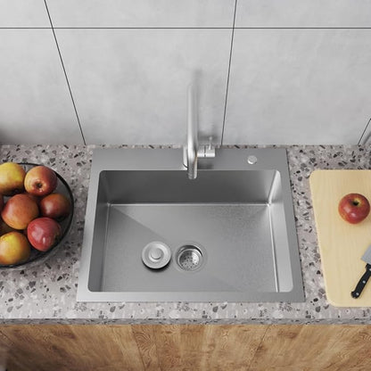 22" x 18" Drop in Kitchen Sink 304 Stainless Steel Single Bowl Topmount Kitchen Sink with Drain Kit and Bottom Grid, Brushed