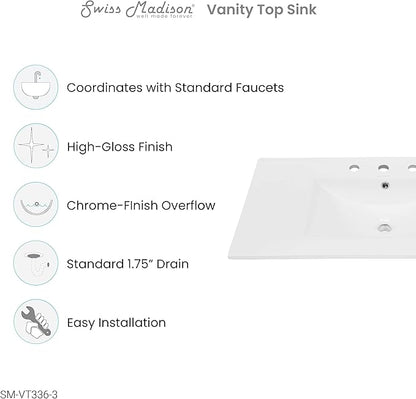36" Ceramic Vanity Top with Three Faucet Holes