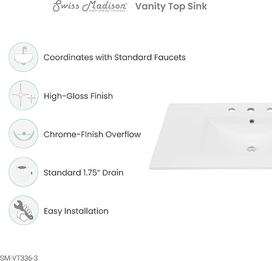 36" Ceramic Vanity Top with Three Faucet Holes