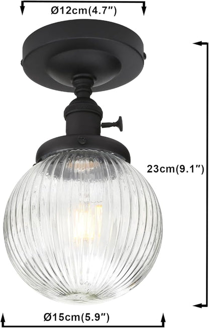 Yosoan 1-Light Indoor On Off Switch Hallway Ceiling Light, Modern Single Vintage Industrial Semi Flush Mounted with Retro Striped Round Shade for Kitchen Entry Bathroom Bedroom(Matte Black)