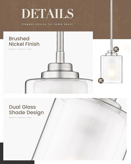 TENGXIN Modern Pendant Light,Brushed Nickel Modern Pendant Light for Kitchen Island,Hanging Ceiling Light Fixture,Farmhouse Pendant Lighting for Dining Room Bedroom Bar Office,TXPLBN02