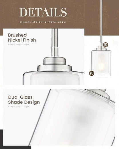 TENGXIN Modern Pendant Light,6-in Brushed Nickel Modern Pendant Light for Kitchen Island,Hanging Ceiling Light Fixture,Farmhouse Pendant Lighting for Dining Room Bedroom Office 2Pack,TXPLBN02-2PK-L