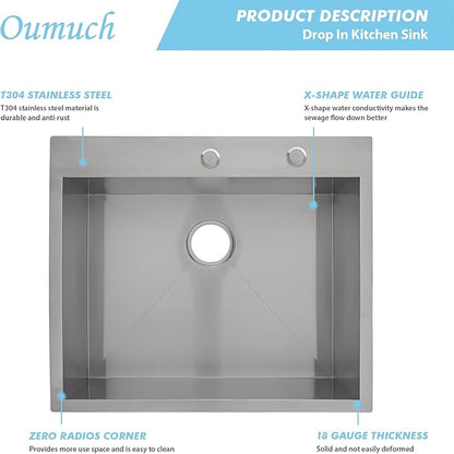 25 Inch Drop-In Utility Sink - 18 Gauge 25×22 Stainless Steel Single Bowl, 9-Inch Deep Topmount Sink for Kitchen & Laundry Room