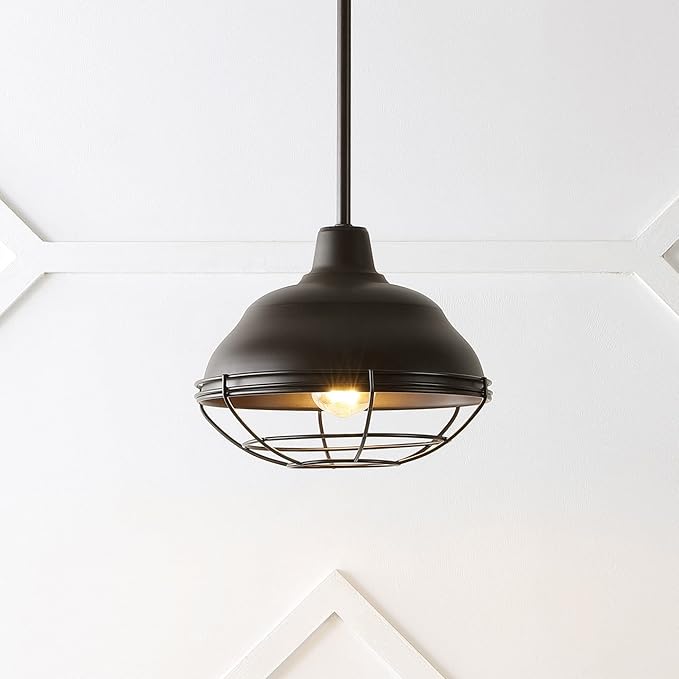 JONATHAN Y 10.38" Oil Rubbed Bronze 1-Light Industrial Farmhouse LED Pendant Light Fixture for Kitchen Island, Dining Room, Adjustable Hanging Ceiling Lamp, Iron Cage Metal Shade JYL1118A