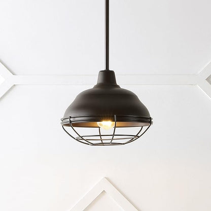 JONATHAN Y 10.38" Oil Rubbed Bronze 1-Light Industrial Farmhouse LED Pendant Light Fixture for Kitchen Island, Dining Room, Adjustable Hanging Ceiling Lamp, Iron Cage Metal Shade JYL1118A