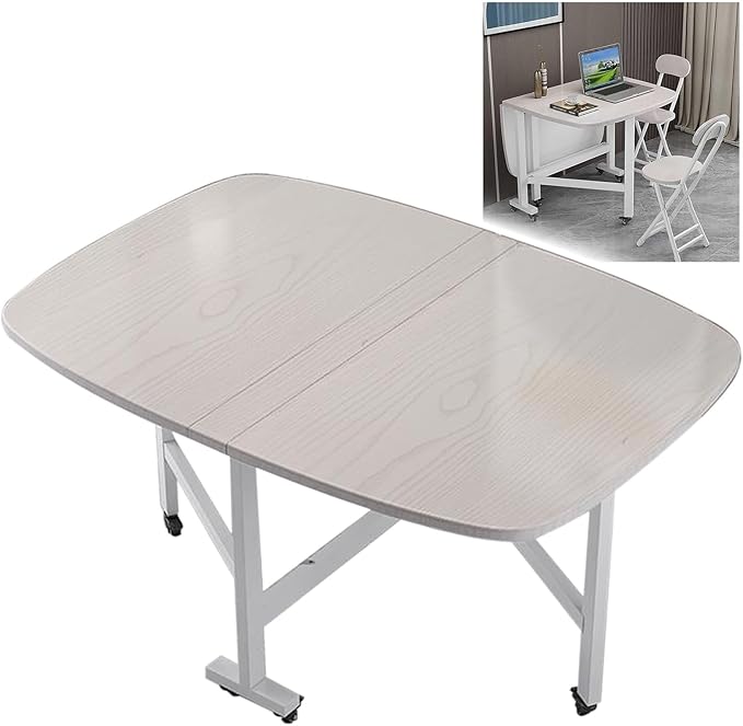 Wooden Foldable Kitchen Table with 6 Wheels，Drop Leaf Dining Table, Multifunction Expandable Folding Table, Space Saving Folding Kitchen Table, Seats 2-8 People, for Kitchen/Farmhouse/Living Room(Whit