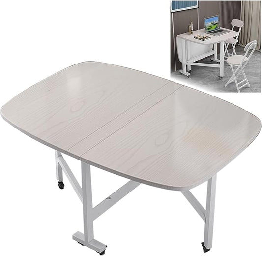 Wooden Foldable Kitchen Table with 6 Wheels，Drop Leaf Dining Table, Multifunction Expandable Folding Table, Space Saving Folding Kitchen Table, Seats 2-8 People, for Kitchen/Farmhouse/Living Room(Whit