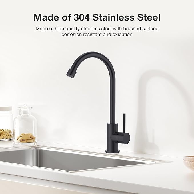 CREA Cold Water Only Matte Black Faucet for Kitchen Bar Outdoor Sink 1 Hole 3Holes(with Deck Plate)，High Arc 360°Swivle Single Handle Cold Water Tap 304 Stainless Steel