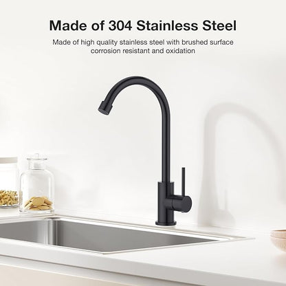 CREA Cold Water Only Matte Black Faucet for Kitchen Bar Outdoor Sink 1 Hole 3Holes(with Deck Plate)，High Arc 360°Swivle Single Handle Cold Water Tap 304 Stainless Steel